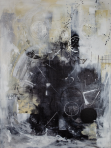 Abstract painting with black, white, and beige tones. Layered textures and geometric shapes.