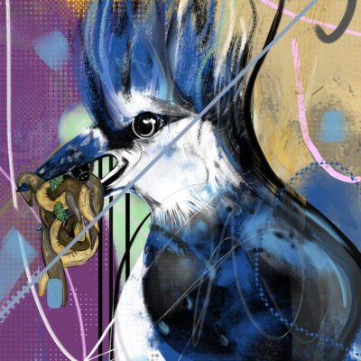 A digital painting of a striking blue jay, rendered in bold blues, purples, and gold. The artwork utilizes geometric shapes and lines in the background, creating a dynamic and expressive composition. The piece showcases a contemporary digital art style.