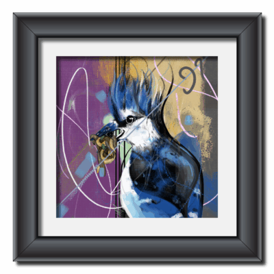 A digital painting of a striking blue jay, rendered in bold blues, purples, and gold. The artwork utilizes geometric shapes and lines in the background, creating a dynamic and expressive composition. The piece showcases a contemporary digital art style.
