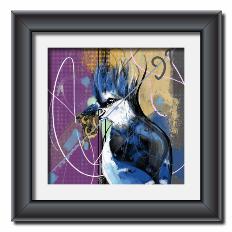 A digital painting of a striking blue jay, rendered in bold blues, purples, and gold. The artwork utilizes geometric shapes and lines in the background, creating a dynamic and expressive composition. The piece showcases a contemporary digital art style.