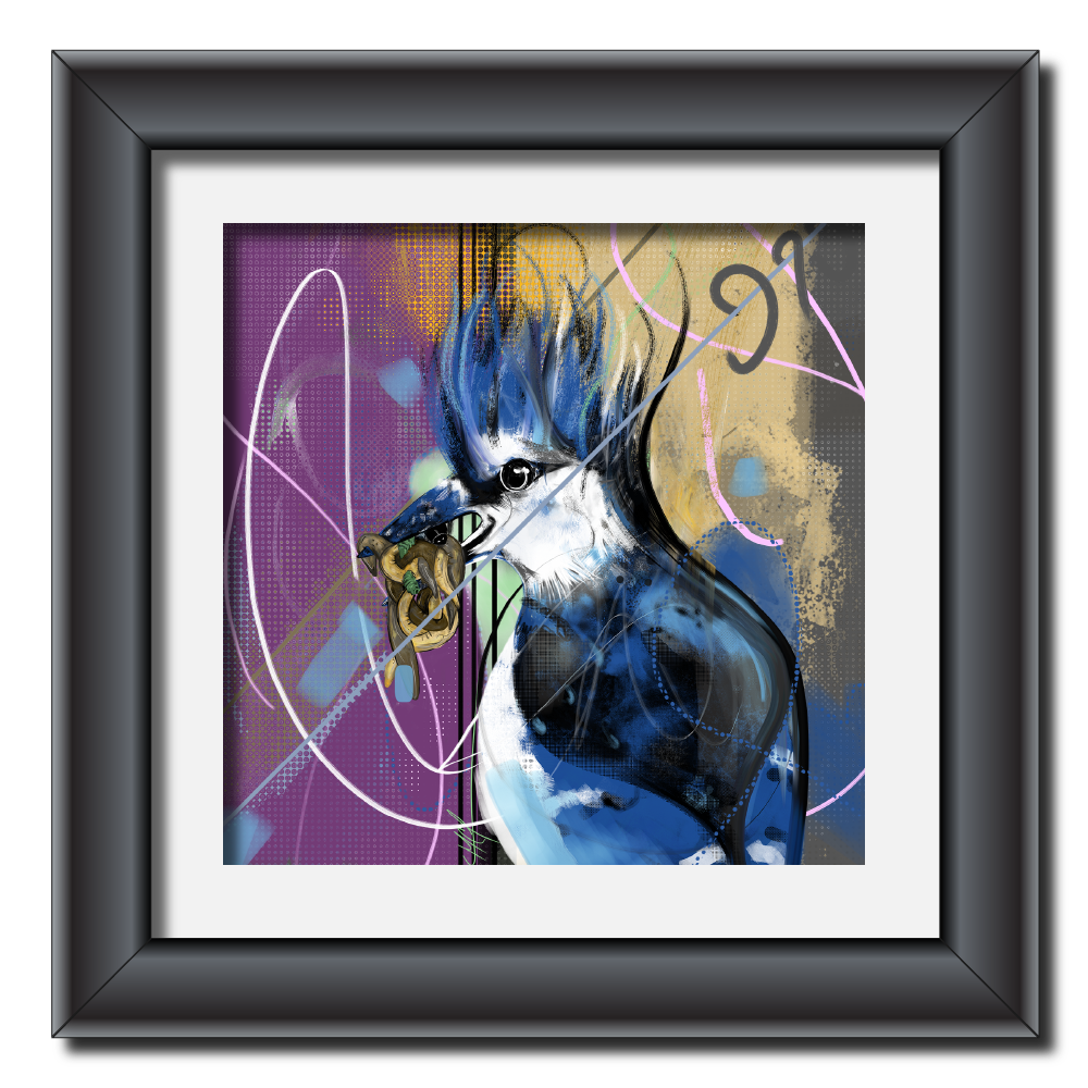 A digital painting of a striking blue jay, rendered in bold blues, purples, and gold. The artwork utilizes geometric shapes and lines in the background, creating a dynamic and expressive composition. The piece showcases a contemporary digital art style.