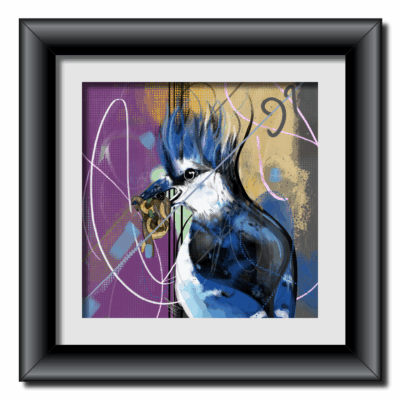 A digital painting of a striking blue jay, rendered in bold blues, purples, and gold. The artwork utilizes geometric shapes and lines in the background, creating a dynamic and expressive composition. The piece showcases a contemporary digital art style.