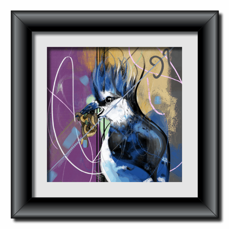 A digital painting of a striking blue jay, rendered in bold blues, purples, and gold. The artwork utilizes geometric shapes and lines in the background, creating a dynamic and expressive composition. The piece showcases a contemporary digital art style.