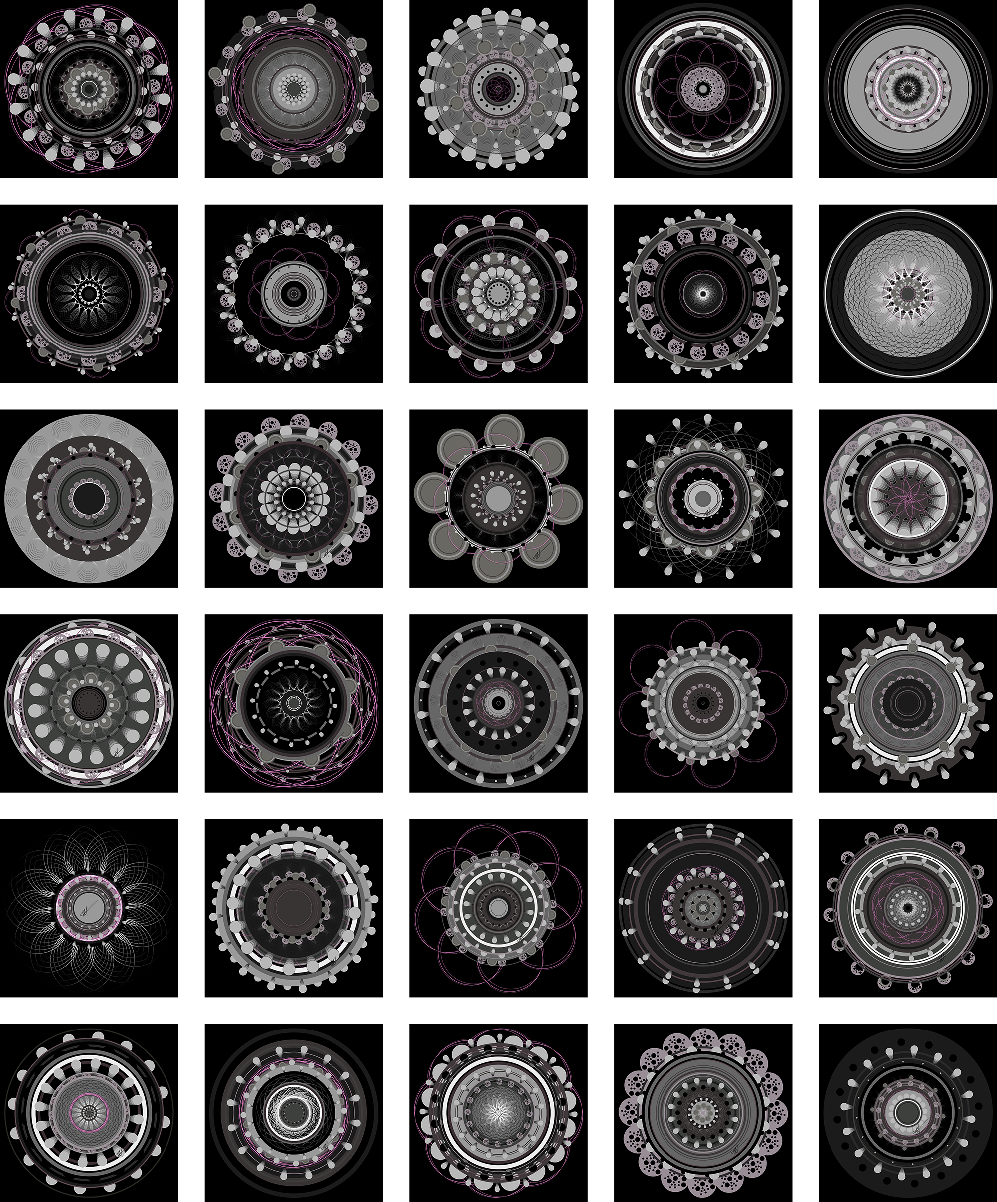 A grid of 30 Circular mandalas, rendered in grayscale. Each mandala features overlapping geometric patterns – spirals, circles, lines, and stylized flowers – creating complex, symmetrical designs. The overall aesthetic is modern and graphic, evoking a sense of balance and harmony through geometric abstraction. The shapes and lines are precisely rendered.