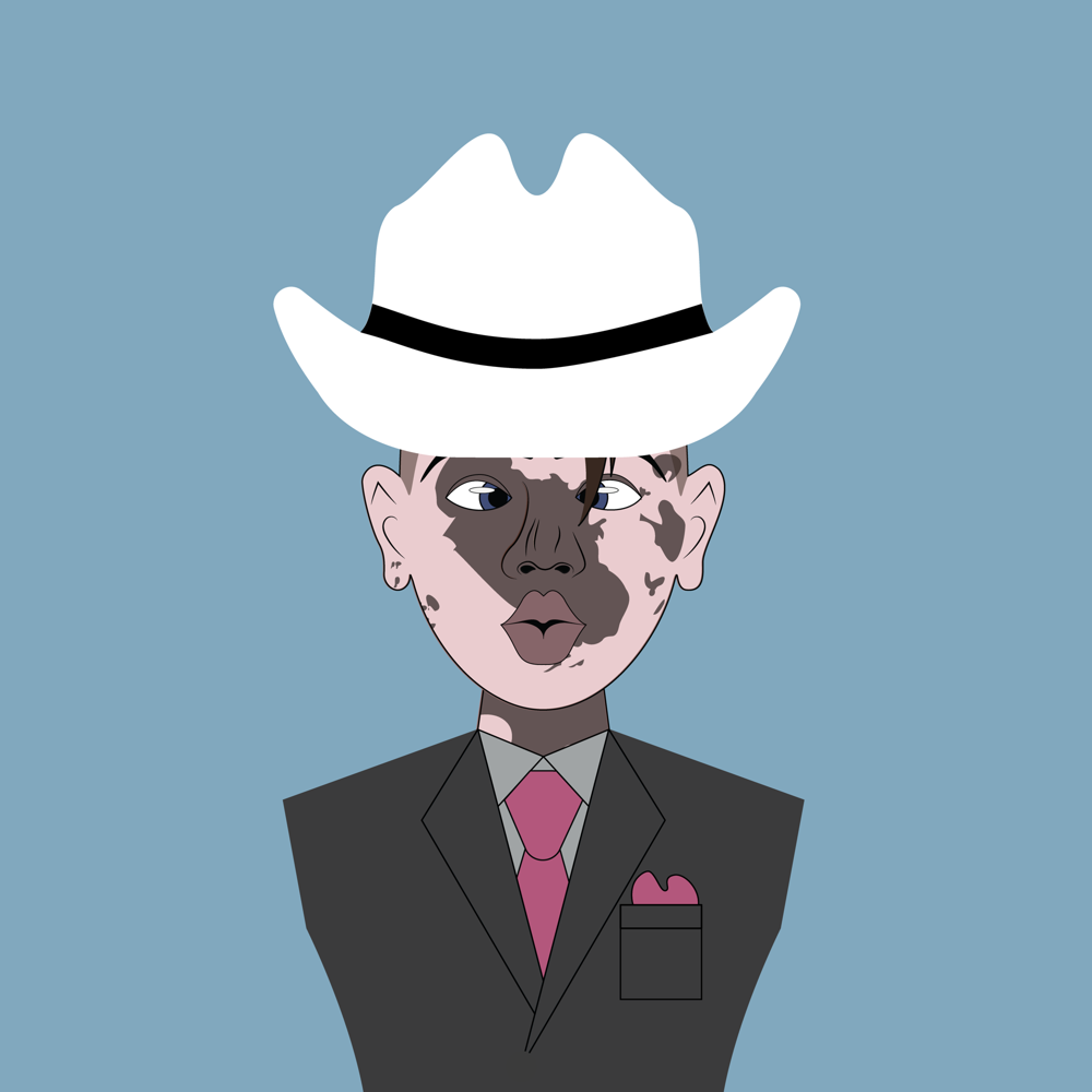 Stylized portrait of a man in a suit & hat, showcasing vitiligo. Unique, simplified artwork with a striking visual style.