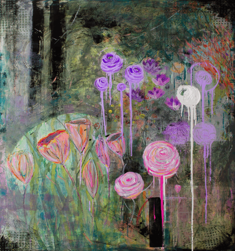 Abstract painting with pink & purple flowers & long stems on a textured, green background. Expressive & vibrant!