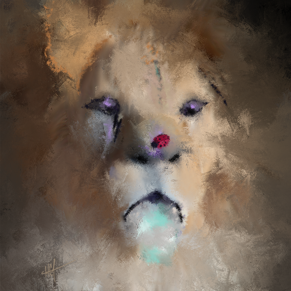 Abstract portrait of a lion, utilizing textured brushstrokes and muted colors to evoke a sense of wildness.