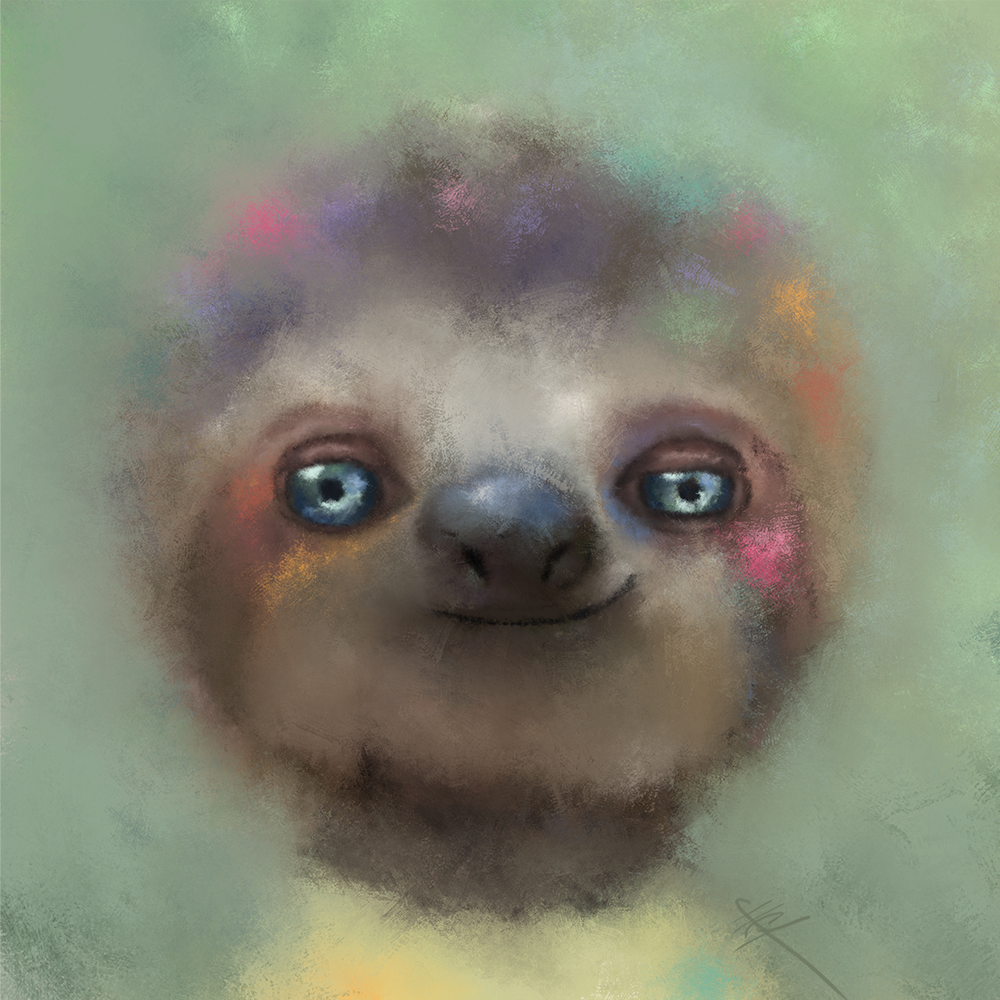 Portrait of a sloth with large, expressive blue eyes and a gentle, smiling expression.
