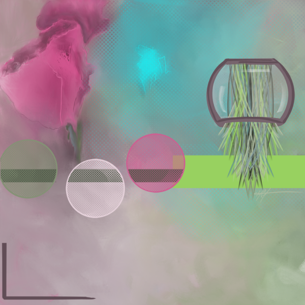 A playful digital composition with two pink flowers and an inverted vase of geometric green shapes, evoking a whimsical and graphic feel.