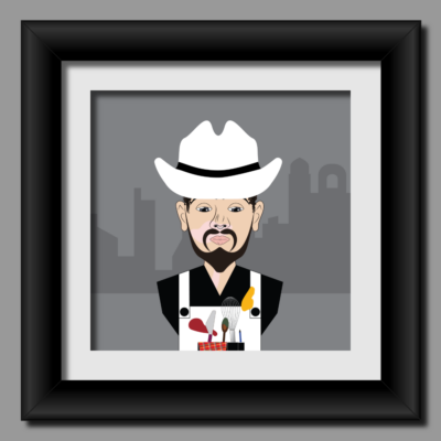 Stylized digital portrait of a man with vitiligo, wearing a white cowboy hat and overalls with kitchen utensils visible in his pockets. The portrait is framed by a black border and set against a gray background.