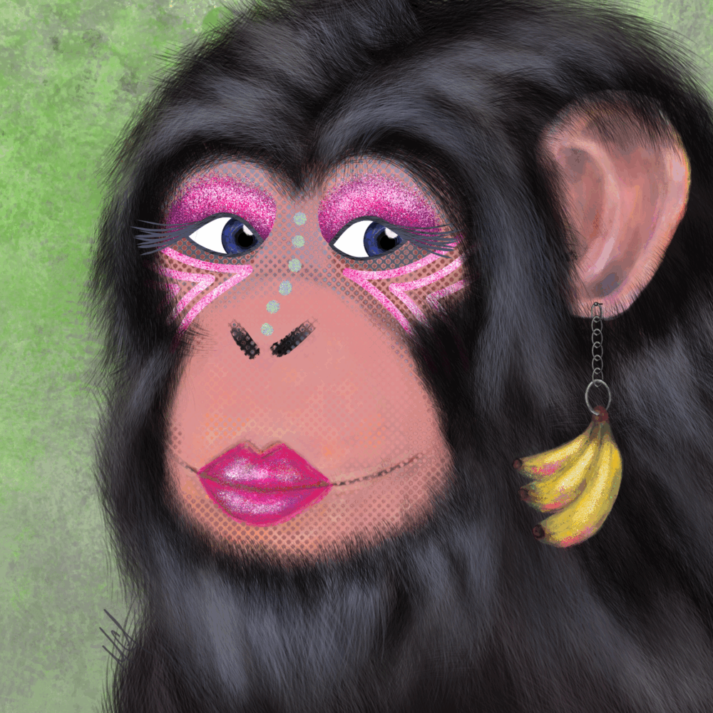 A digital portrait of a chimpanzee wearing elaborate makeup and banana-shaped earrings, set against a green background.