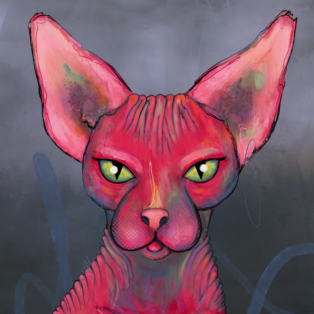 A digital portrait of a Sphynx cat with a pink and red color scheme, set against a dark background.