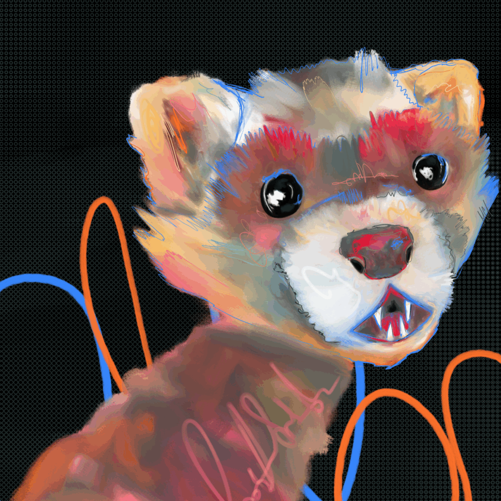 Vibrant digital painting of a ferret with asemic writing integrated into the design, set against a dark, patterned background. Playful colors and lines create a unique style.