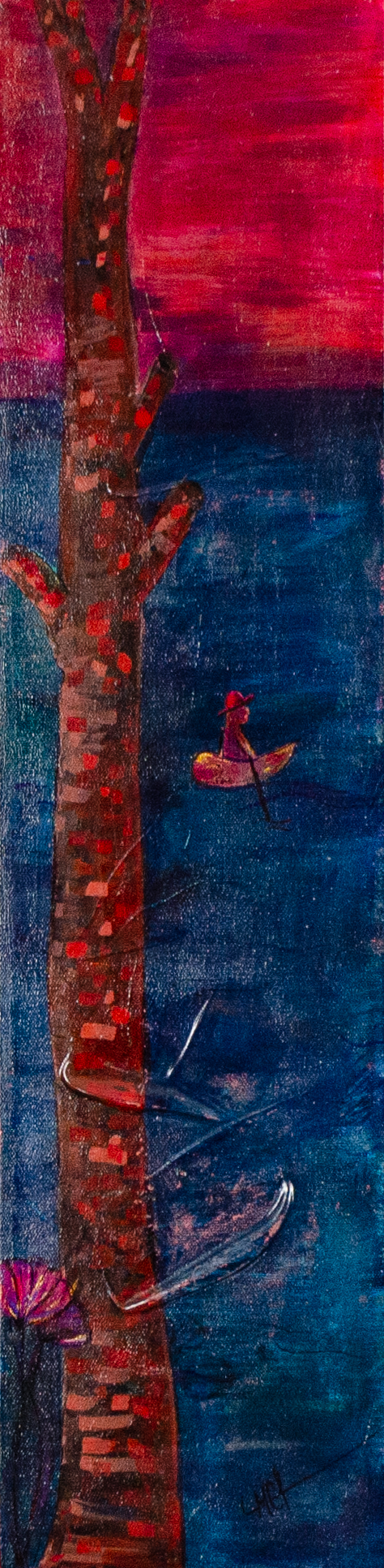 Abstract vertical painting with a dark blue and purple background. A tree trunk in shades of red and brown dominates the center, with small, red man in a boat appearing in the foreground. The overall effect is moody and atmospheric.