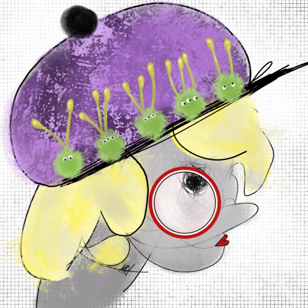 A portrait featuring a woman with large, expressive eyes and a unique hat design. Vivid colors and a stylized aesthetic create a memorable artwork.