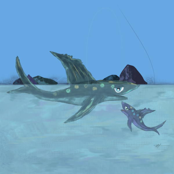 A charming underwater world. A playful encounter between a giant and a tiny fish.