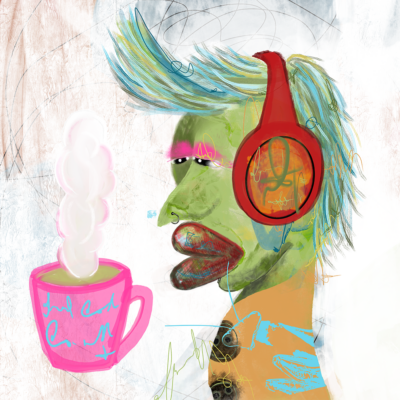 Expressive digital portrait with a stylized face, vibrant colors, and a cup of coffee. Unique and playful.