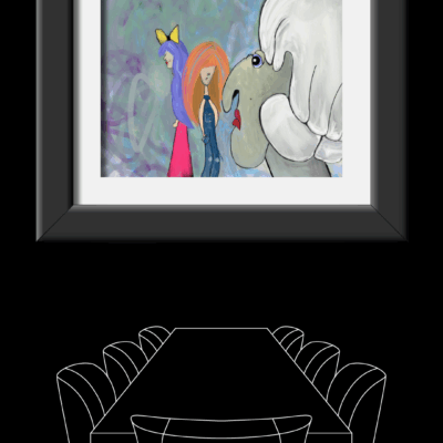 A mockup of a frames over a dinning table about a painting of three women: one in a pink dress and purple long hair, and the other with orange long hair wearing a jeans overall, both with sad expressions. And a mature woman with green skin and white hair. The artwork is set against a textured, dreamlike background.