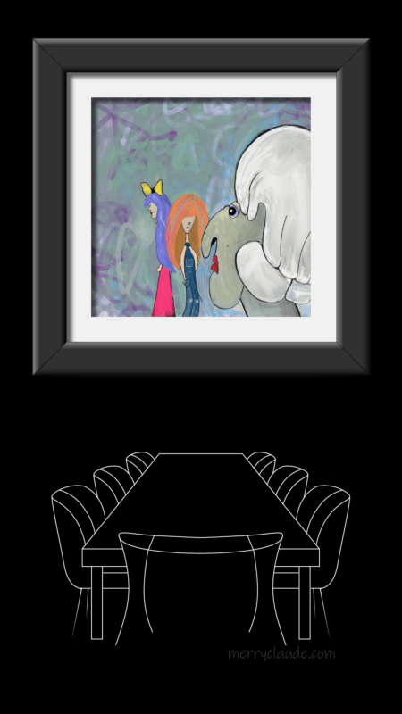 A mockup of a frames over a dinning table about a painting of three women: one in a pink dress and purple long hair, and the other with orange long hair wearing a jeans overall, both with sad expressions. And a mature woman with green skin and white hair. The artwork is set against a textured, dreamlike background.