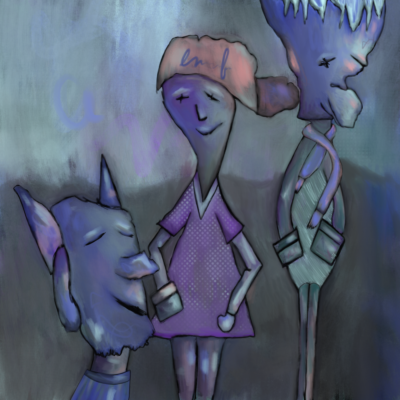 Eerie and unusual portrait of three blue figures. A captivating blend of whimsy and melancholy.