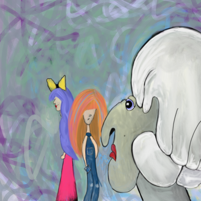 Whimsical illustration of three characters: a girl with pink hair, a blue-dressed girl, and a uniquely stylized creature.