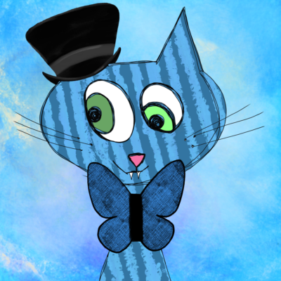 Whimsical illustration of a striped blue cat wearing a top hat and bow tie. A playful and quirky portrait.
