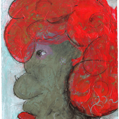 Abstract portrait of a woman with a large, bright red bouffant hairstyle, rendered in textured paint with a blue and green background.