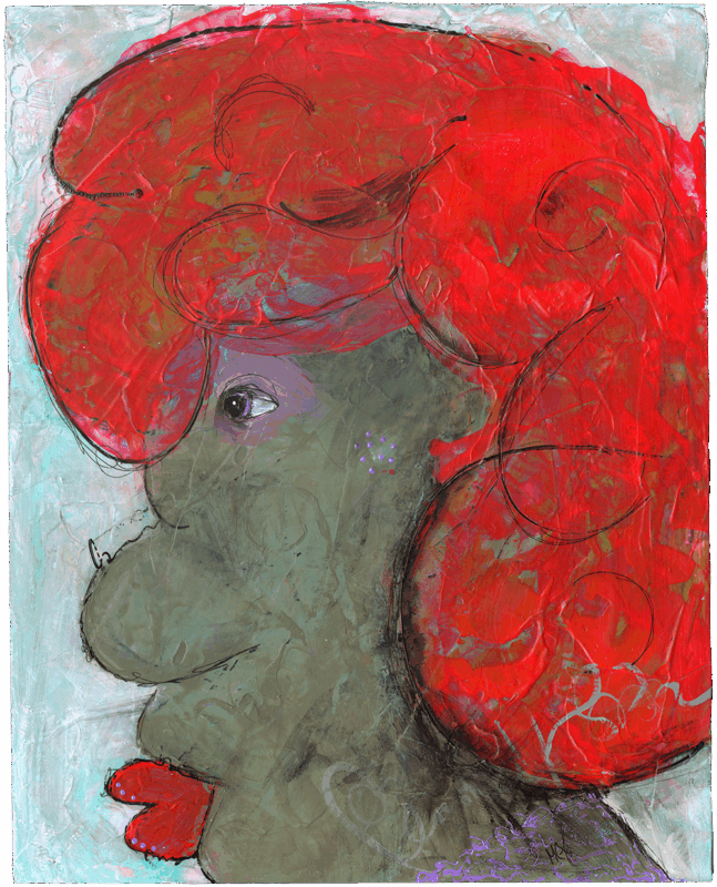 Abstract portrait of a woman with a large, bright red bouffant hairstyle, rendered in textured paint with a blue and green background.