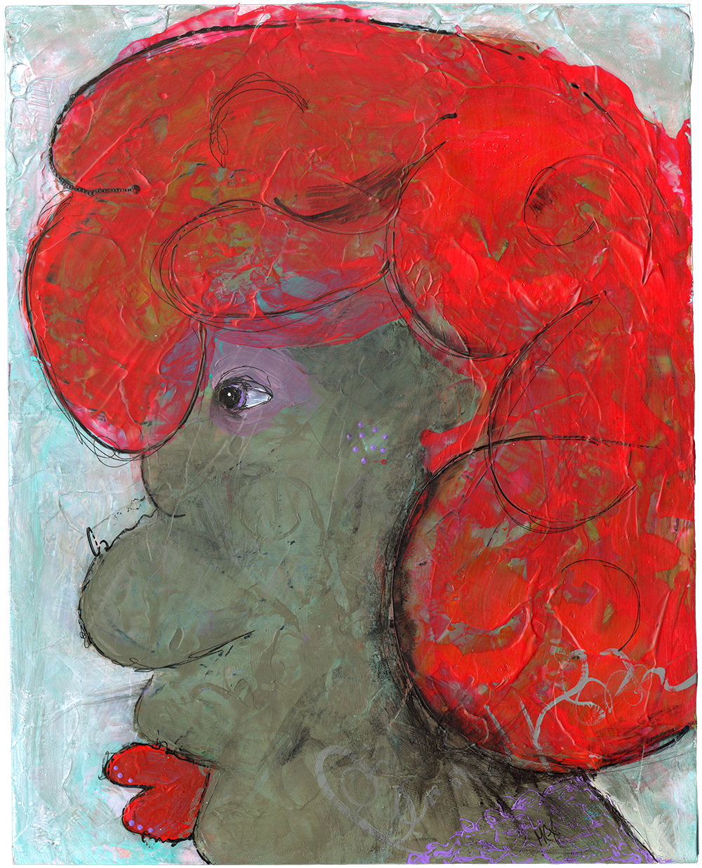 Abstract portrait of a woman with a large, bright red bouffant hairstyle, rendered in textured paint with a blue and green background.