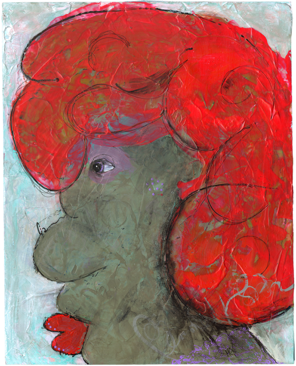 Colorful abstract portrait with red curly hair and eyes, painted in bold strokes on a textured background.