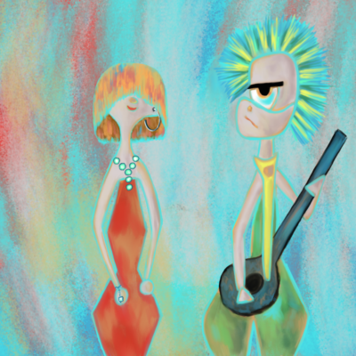 Intriguing illustration with a playful, slightly surreal feel. Two distinct characters in a vibrant palette.