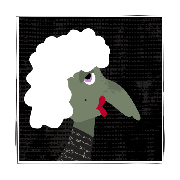 Cartoon-like creature, green with a long nose and big, round eyes, sporting a voluminous white headpiece.