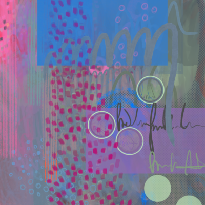 A lively abstract painting! Blue, pink, and green sections combine with geometric shapes for a joyful and colorful effect. Texture adds to the visual appeal.