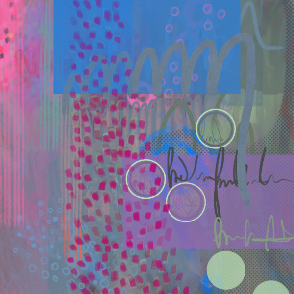 A lively abstract painting! Blue, pink, and green sections combine with geometric shapes for a joyful and colorful effect. Texture adds to the visual appeal.