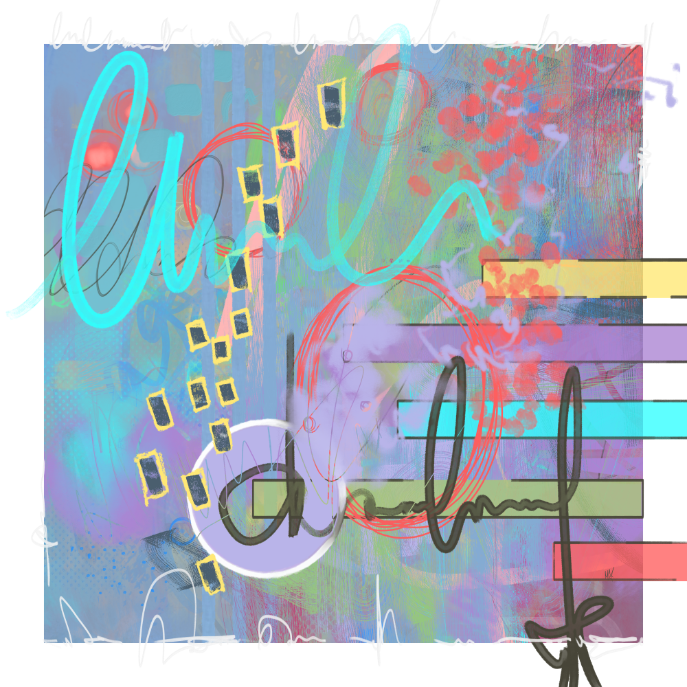 Colorful abstract artwork featuring swirling lines, geometric shapes, and asemic writting. Vibrant and dynamic.