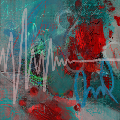 Dynamic abstract painting featuring a central, flowing red line amidst swirling teal and pink tones. Textured and layered, this artwork evokes movement and energy with a complex, painterly effect.