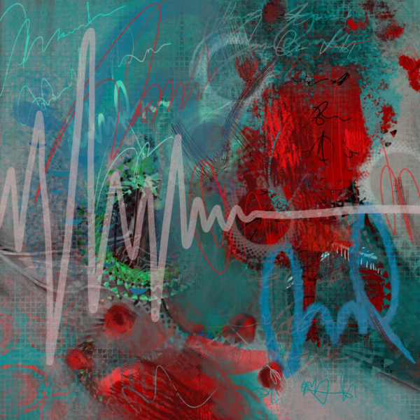 Dynamic abstract painting featuring a central, flowing red line amidst swirling teal and pink tones. Textured and layered, this artwork evokes movement and energy with a complex, painterly effect.