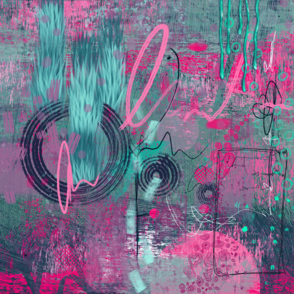 Abstract painting with swirling teal and pink lines across a textured, rosy background. Geometric shapes and a stylized plant add to the chaotic composition.