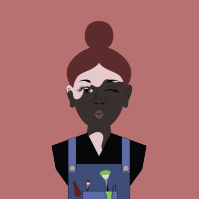A woman with vitiligo, wearing a blue apron, covers herself in paint. In her pocket, she can see a brush filled with red paint, another with green paint, and two colored pencils.