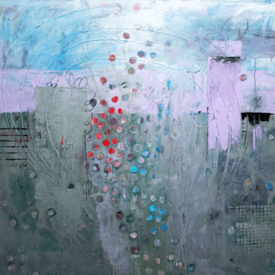 Morning Dew is an abstract painting in shades of green, blue, and lilac, composed of a swirling line of red and blue circles and vertical rectangular shapes. The surface is textured with multiple layers of color.