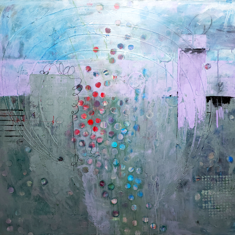 Morning Dew is an abstract painting in shades of green, blue, and lilac, composed of a swirling line of red and blue circles and vertical rectangular shapes. The surface is textured with multiple layers of color.