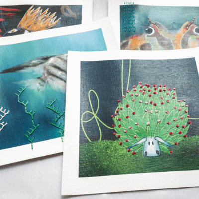 Embroidery on 4 giclées with vibrant and bold colors.