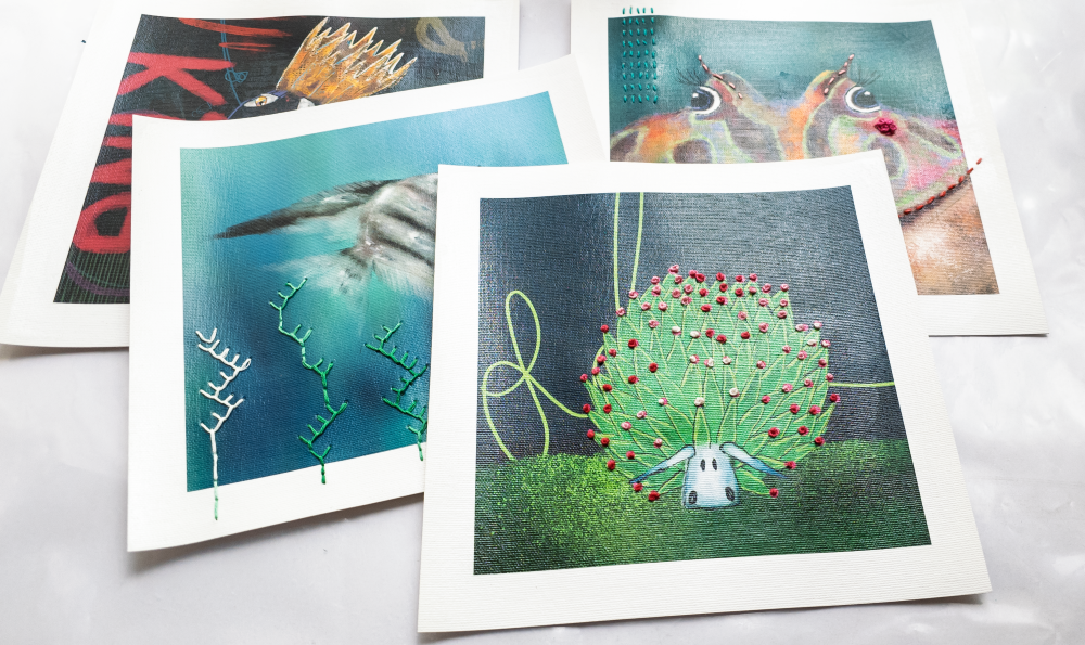 Embroidery on 4 giclÃ©es with vibrant and bold colors.