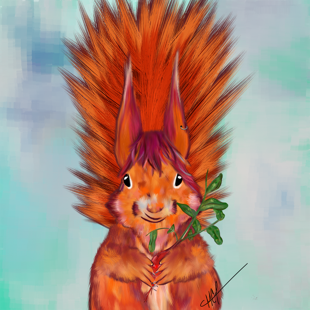 A charming red squirrel sits against a lush green background, delicately holding a delicious radish with long green leaves.