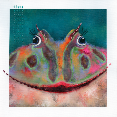 Embroidery on Miss-Pacman-Rainbow-Ribbit. A giclée with vibrant and bold colors.