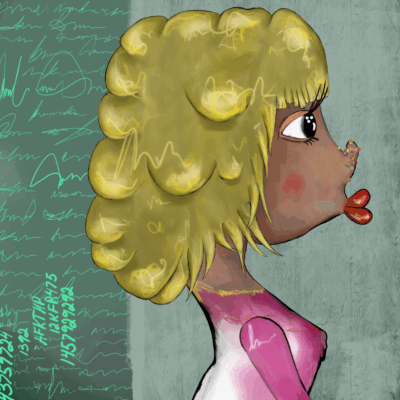 An illustration of a stylized, cartoonish character with bright yellow hair and a pink dress. The character has a wide, expressive perplexed face and exaggerated features, creating a playful and engaging image.