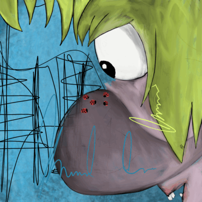 A friendly-looking green-haired character with a large, expressive eye and a tilted head, surrounded by red ladybug. The background is a watery, abstract blue with jagged lines suggesting a submerged or distorted environment.
