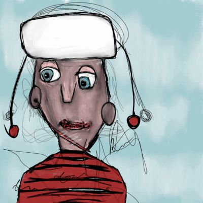 A cartoonish portrait of a person with a large, slightly unsettling expression, wearing a white hat and striped shirt. The artwork is rendered in a sketchy, digital style.