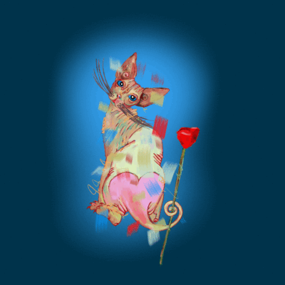 A close-up digital illustration of a Canadian Sphynx cat, a hairless breed, with pink ears and a gentle expression, holding a bright red rose.