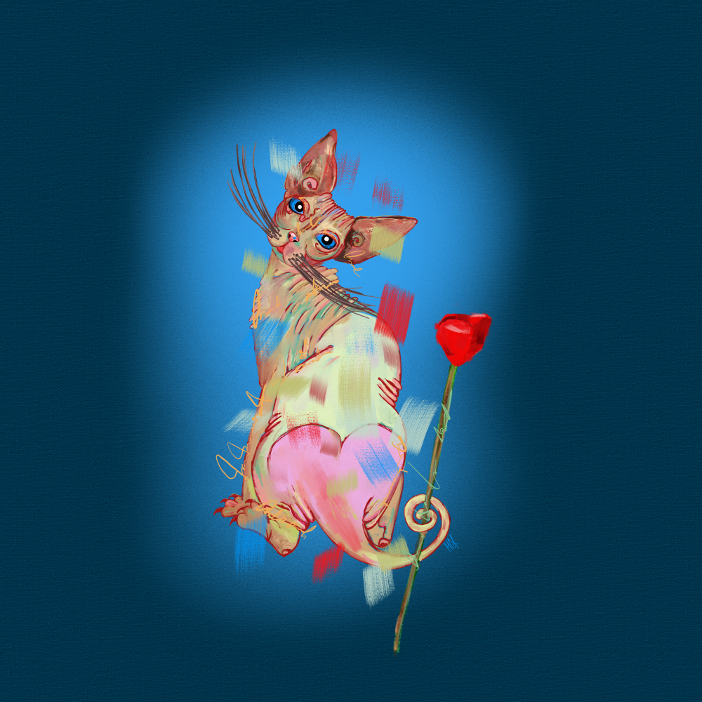 A close-up digital illustration of a Canadian Sphynx cat, a hairless breed, with pink ears and a gentle expression, holding a bright red rose.